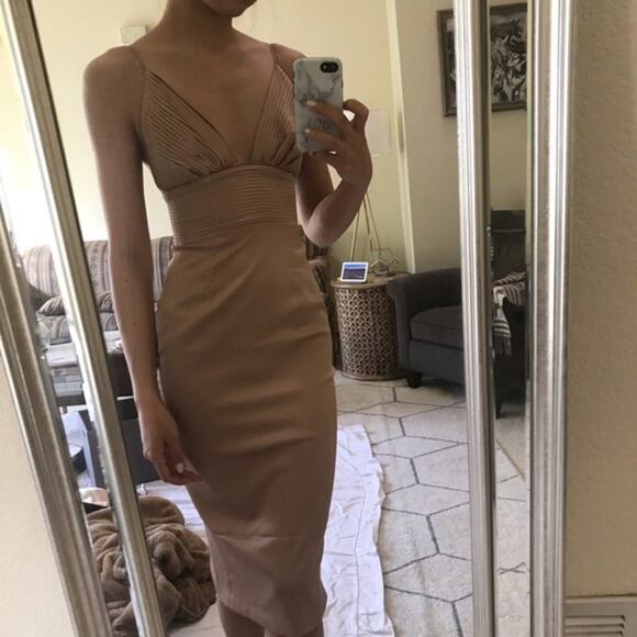 HOUSE OF CB Ronel Nude Tan Beige Champagne Gold Silky Satin Pin Tuck MIDI Dress - Picture 3 of 14